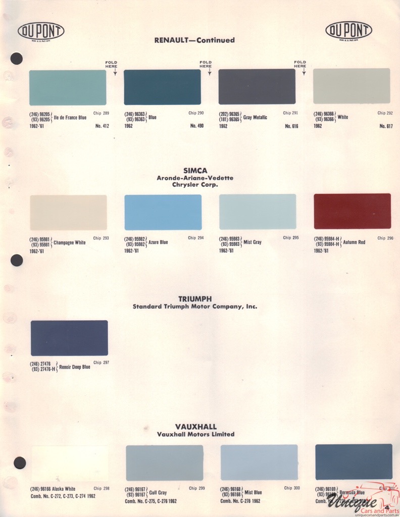 1962 Simca Paint Charts Import DuPont